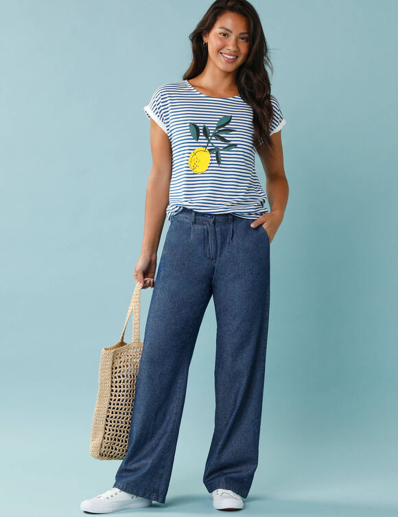 T-shirt manches courtes rayé imprimé placé,  Spécial Petites (blanc / bleu) T-shirt manches courtes rayé imprimé placé,  Spécial Petites (blanc / bleu)